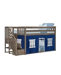 Max & Lily Twin Low Bunk Bed with Staircase and Curtains
