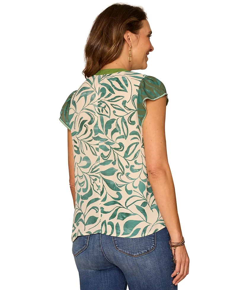 Democracy Petite Printed Split Neck Top