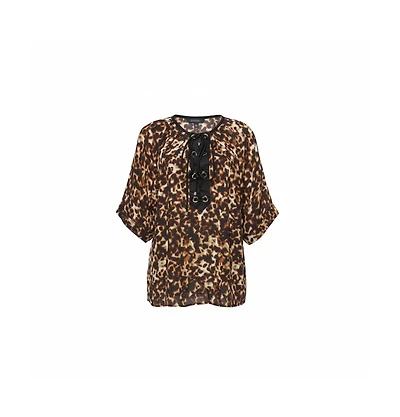 Pre-Owned Roberto Cavalli Women's Printed Silk Crepe Tie Front Blouse