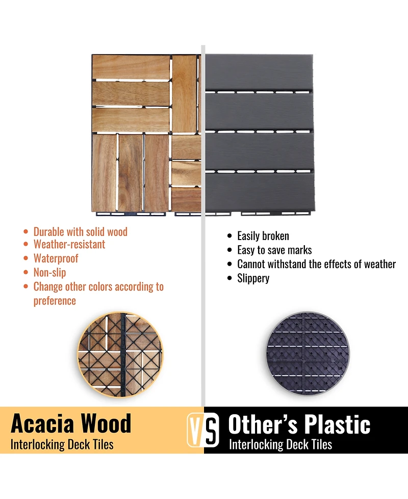 Mondawe 12-inch x 12-inch Acacia Wood Checker Pattern Interlocking Deck Tiles