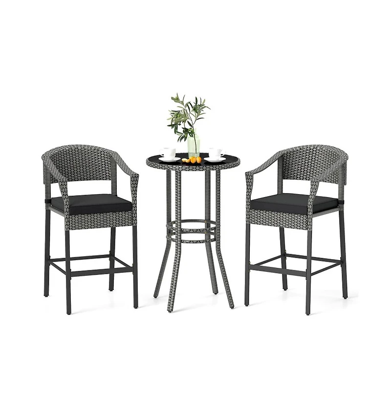 Boyel Living 3-Piece Patio Rattan Bar Set with Tempered Glass Top for Backyard Poolside