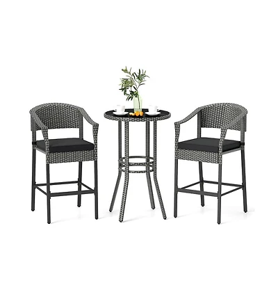 Boyel Living 3-Piece Patio Rattan Bar Set with Tempered Glass Top for Backyard Poolside
