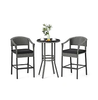 Boyel Living 3-Piece Patio Rattan Bar Set with Tempered Glass Top for Backyard Poolside