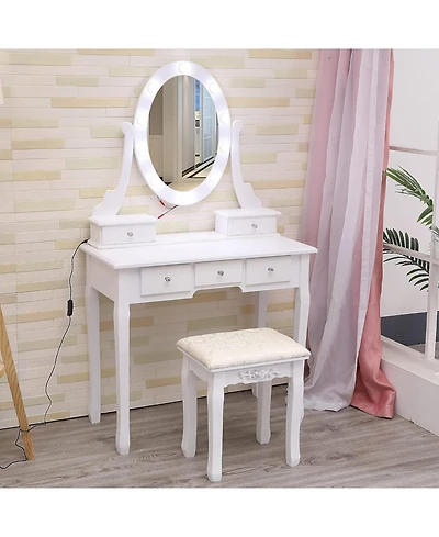 gaomon Vanity Desk with 360° Oval Mirror & Stool, 5 Drawers, 3 Led Light Modes, Modern Makeup Table for Women