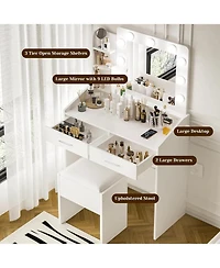 gaomon Modern Vanity Desk with Large Led Mirror, Power Outlet, 7 Drawers, 3 Light Modes & Cushioned Stool