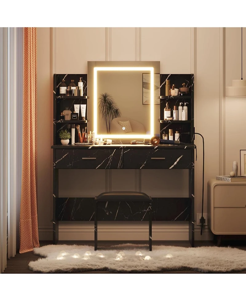 gaomon Makeup Vanity Desk with Led Mirror, 2 Drawers, Power Outlet & Cushioned Stool, 3 Light Modes, Marble
