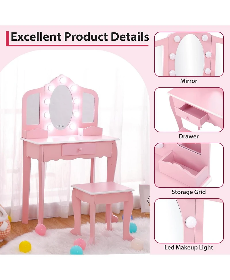 gaomon Kids Vanity Table and Chair Set with 3 Mirrors, Led Light & Drawer
