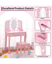 gaomon Kids Vanity Table and Chair Set with 3 Mirrors, Led Light & Drawer