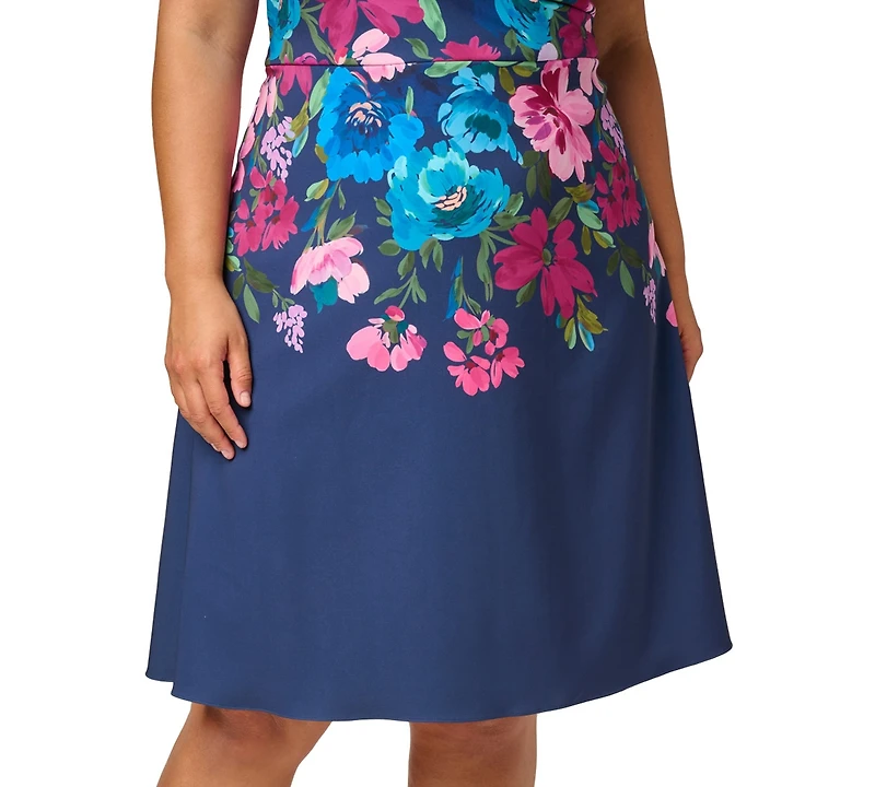 Adrianna Papell Plus Printed V-Neck Sleeveless Midi Dress