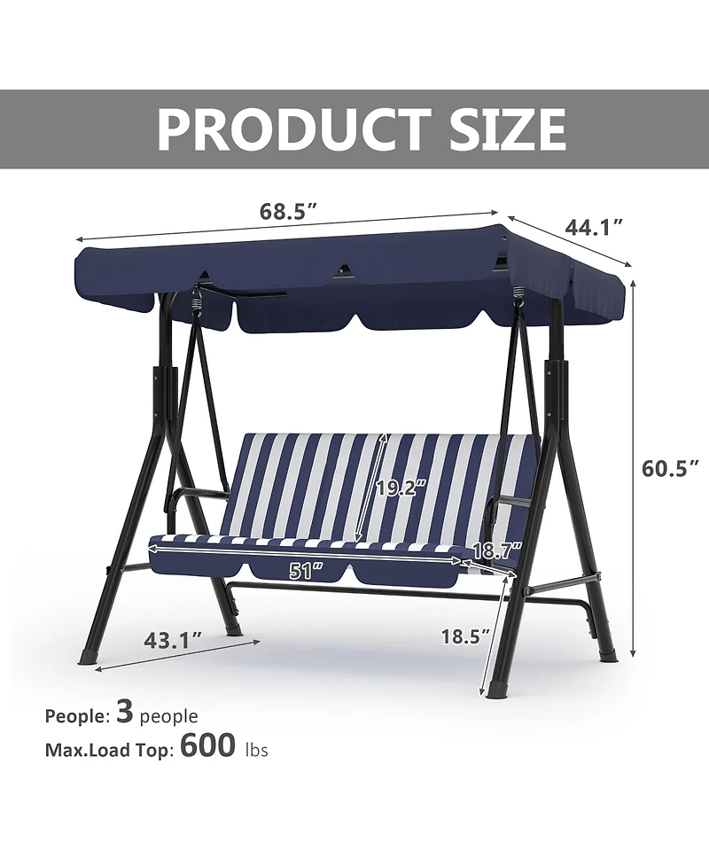 gaomon Outdoor Porch Swing, 3 Seat Patio Swing Chair with Adjustable Canopy, Heavy Duty Cup Holder Trays, Cushion