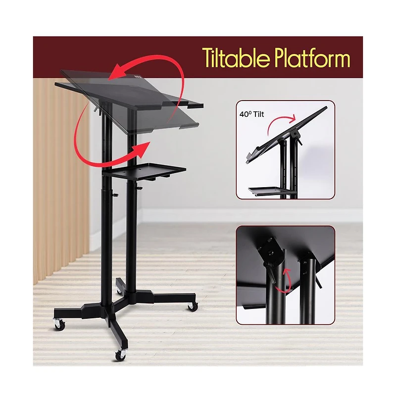 Pyle Adjustable Mobile Lectern Podium Stand with Led Light - Rolling Presentation Desk with Shelves and Locking Wheels