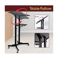 Pyle Adjustable Mobile Lectern Podium Stand with Led Light - Rolling Presentation Desk with Shelves and Locking Wheels