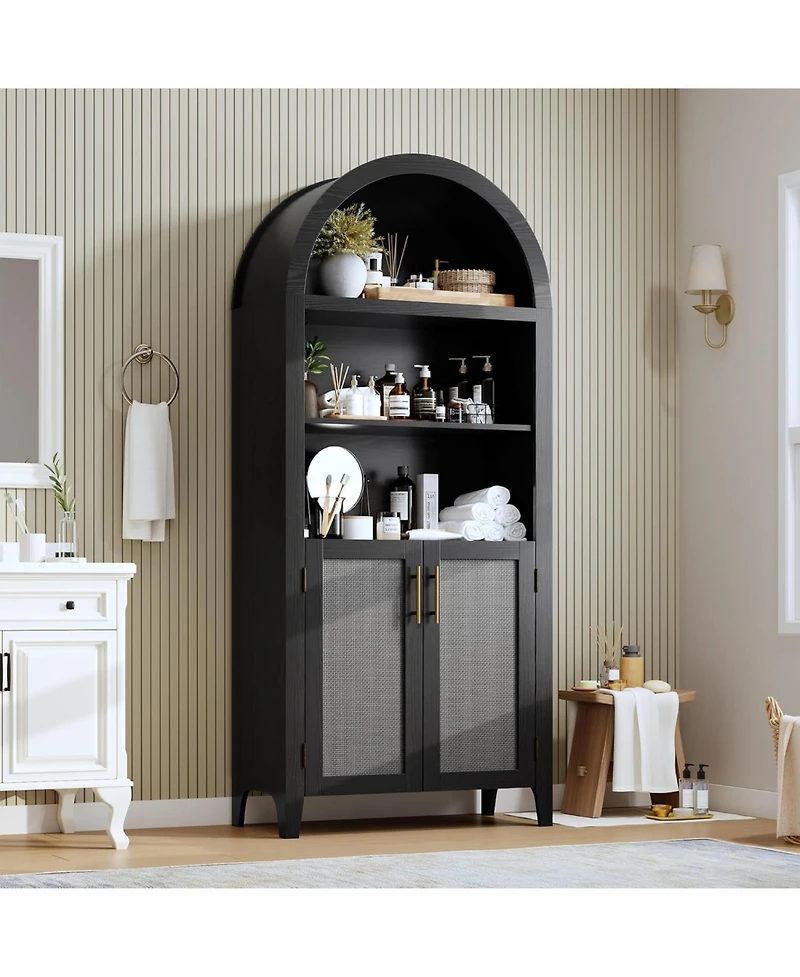 gaomon Arched Pantry Cabinet with Rattan Accent, 5-Tier Open Shelf Farmhouse Storage for Kitchen and Dining