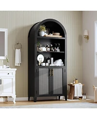 gaomon Arched Pantry Cabinet with Rattan Accent, 5-Tier Open Shelf Farmhouse Storage for Kitchen and Dining
