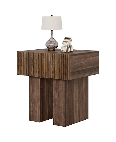 Rainsken Vintage Wooden Nightstand, Fluted Bedside Table, Square Shape Storage Side End Table with Drawer for Bedroom and Living Room
