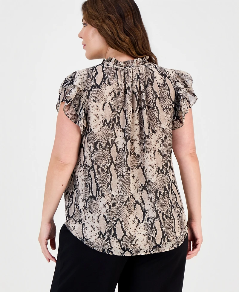 Anne Klein Plus Size Printed Split-Neck Flutter-Sleeve Blouse