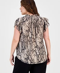 Anne Klein Plus Size Printed Split-Neck Flutter-Sleeve Blouse