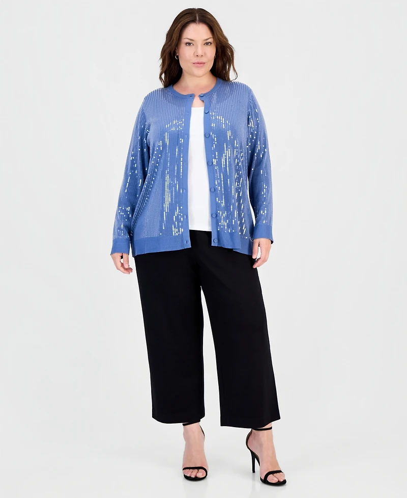 Anne Klein Plus Sequin-Front Crewneck Cardigan