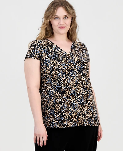 Anne Klein Essentials Plus Size Printed V-Neck Short-Sleeve Top