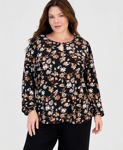 Anne Klein Essentials Plus Keyhole-Neck Long-Sleeve Knit Top