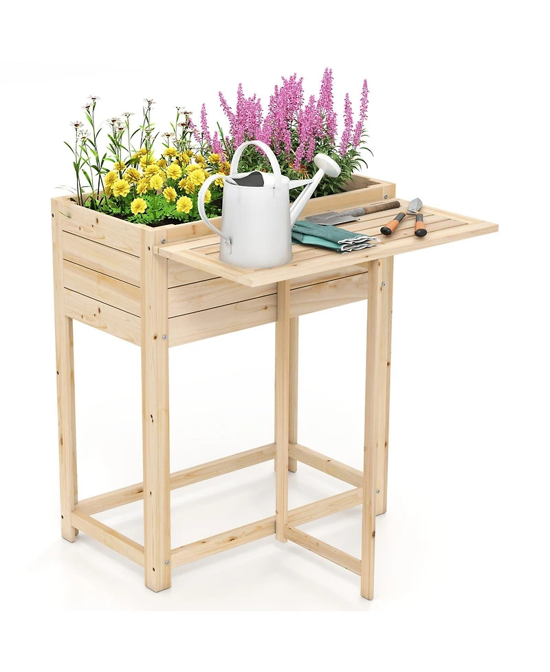 Sugift Wooden Raised Garden Bed with Legs and Foldable Side Table