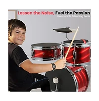 Pyle 3-Piece Kids Drum Set - 13" Metallic Red Junior Drum Kit with Throne, Cymbal, Bass Pedal, Tom & Drumsticks
