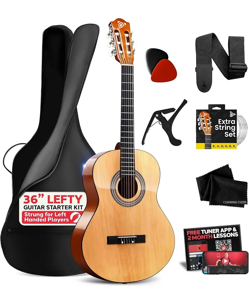 Pyle Left-Handed 3/4 Size Beginner Acoustic Guitar Kit - Nylon String 36" Junior Guitar with Capo, Strap, Extra Strings & Gig Bag, Natural Gloss