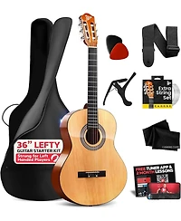 Pyle Left-Handed 3/4 Size Beginner Acoustic Guitar Kit - Nylon String 36" Junior Guitar with Capo, Strap, Extra Strings & Gig Bag, Natural Gloss