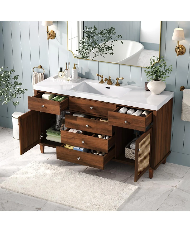 Sillysis 60 Inch Modern Bathroom Vanity with Sink, Brown Solid Wood Mdf Cabinet, Rattan Doors, Soft Close Drawers, Pine Legs