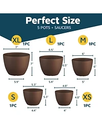 Lifemaster Set of 5 lightweight, durable brown planter pots with drainage holes. Space-saving, versatile, and ideal for indoor/outdoor use.