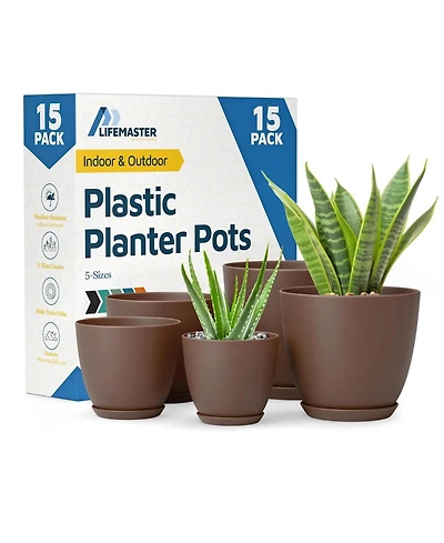 Lifemaster Set of 15 brown planter pots with drainage holes and saucers. Lightweight, durable, stackable, and perfect for indoor/outdoor use