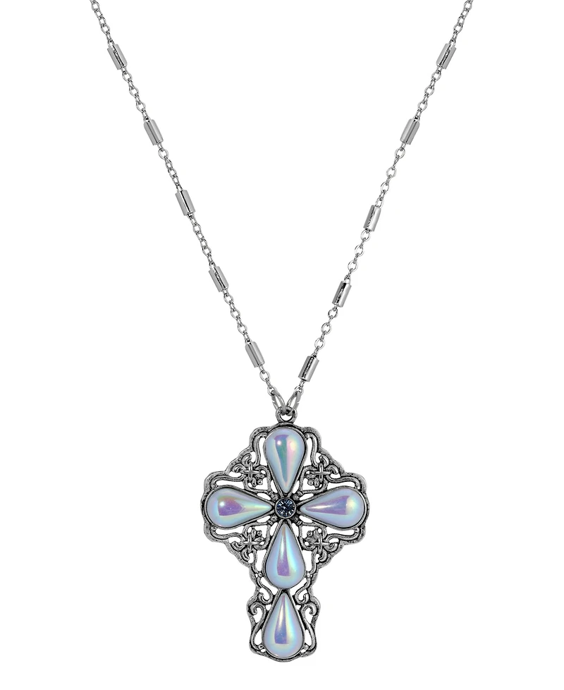 Symbols of Faith Silver Pewter-Tone Blue Ab Teardrop Crystal Pendant Cross 24" Necklace