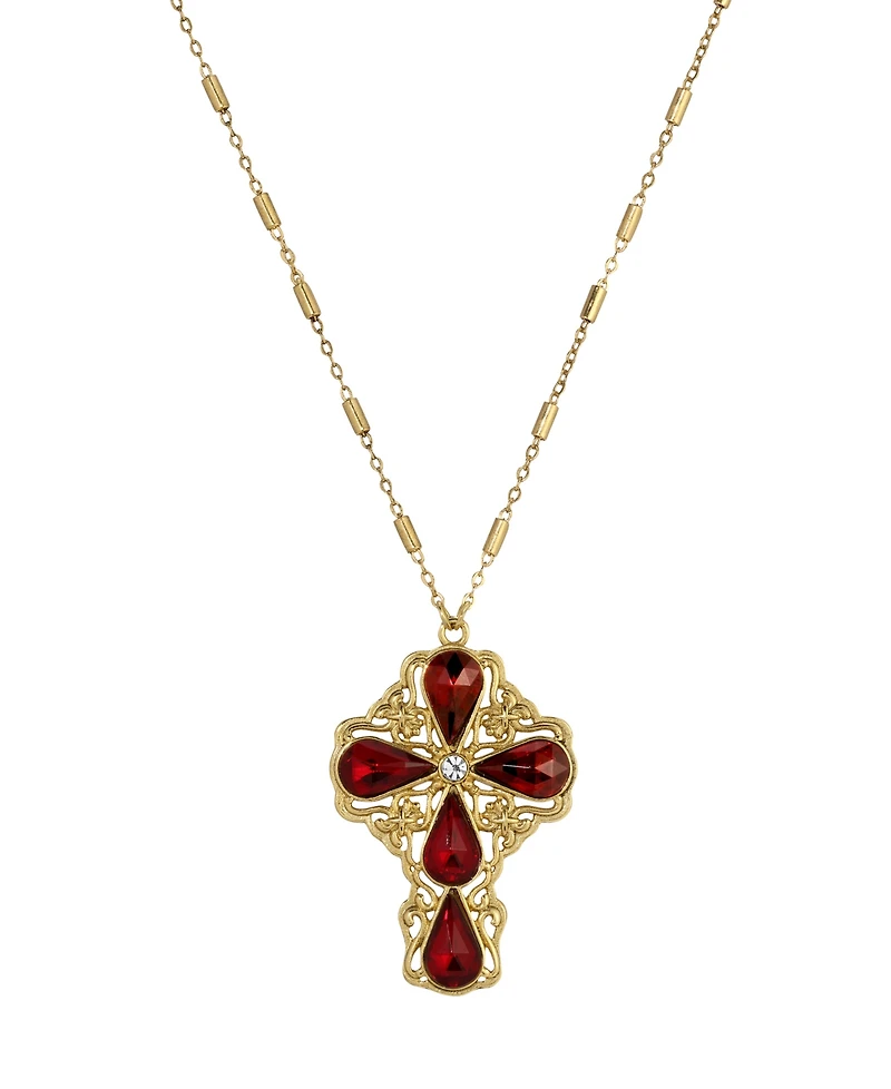 Symbols of Faith Gold-Tone Garnet Teardrop Crystal Pendant Cross 28" Necklace