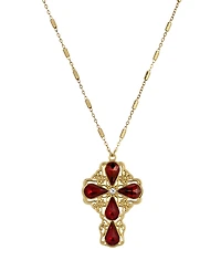 Symbols of Faith Gold-Tone Garnet Teardrop Crystal Pendant Cross 28" Necklace