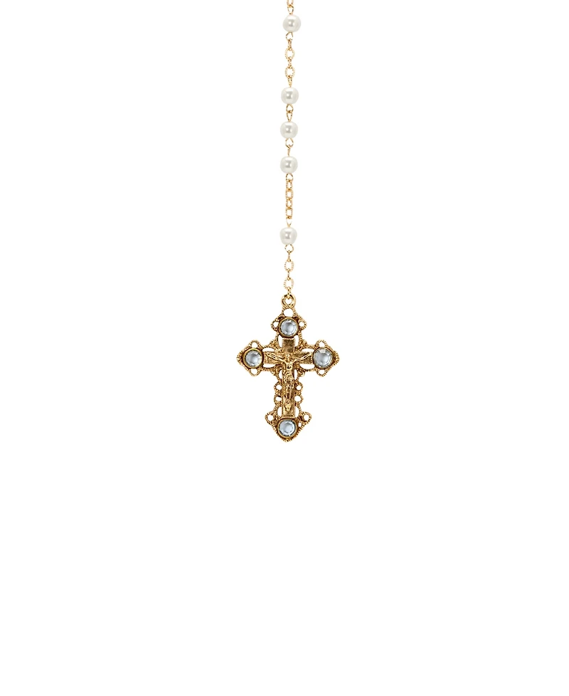 Symbols of Faith Gold-Tone Crucifix Sapphire Stones Imitation Pearl Beaded Chain Rosary