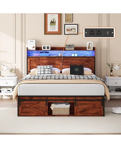 Streamdale Furniture Queen Storage Bed With Led, Anti-Slip Metal Platform
