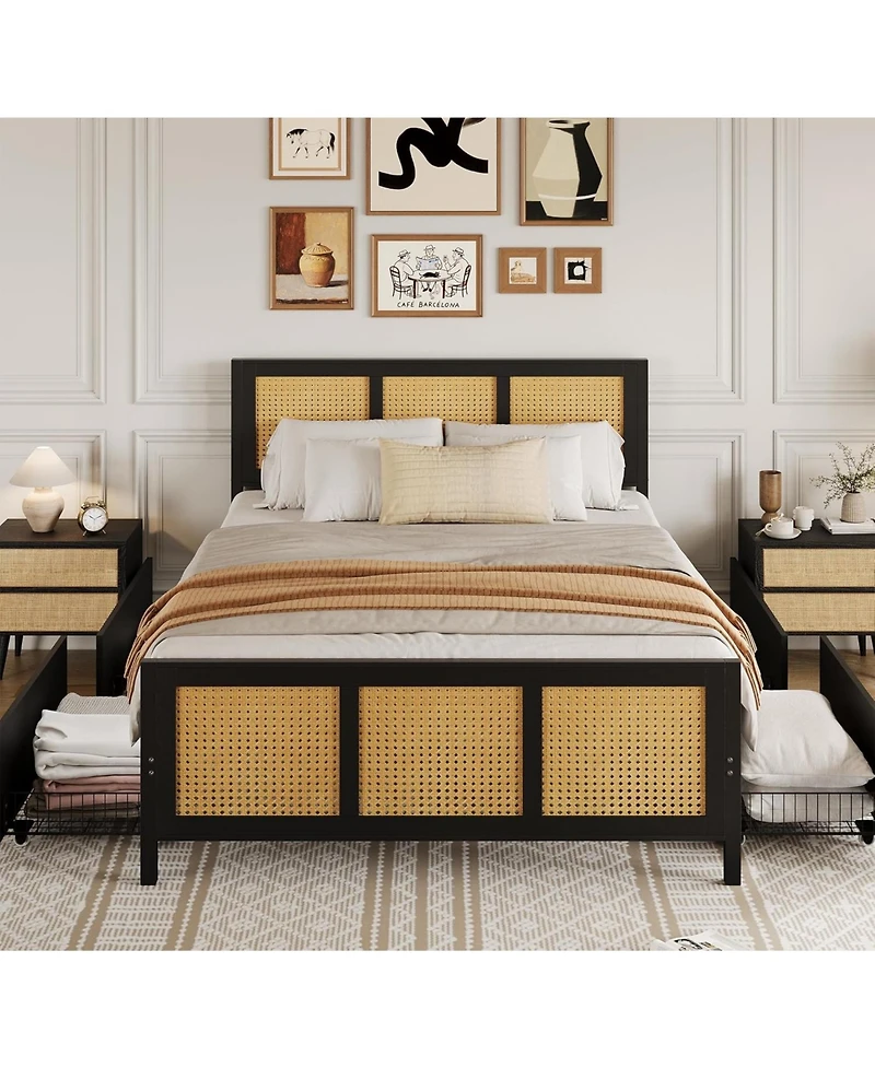 gaomon Rattan Bed Frame with Headboard, Boho Cane 4 Drawers, Metal Slats
