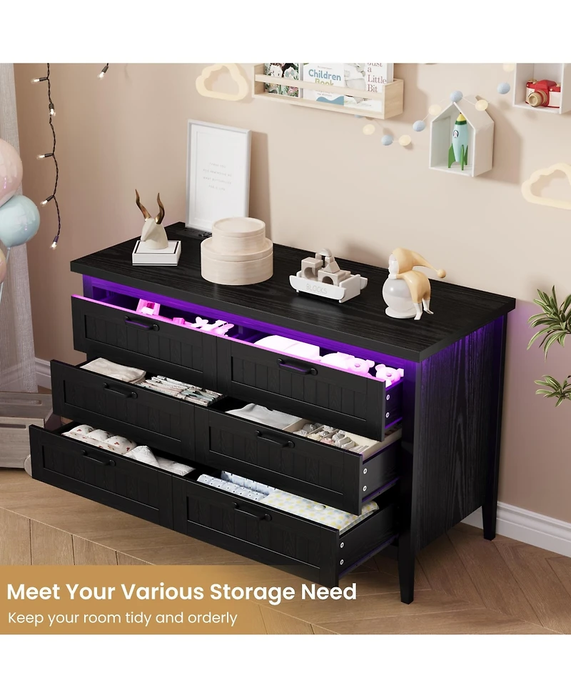 homfan Led Dresser with Power Outlet, Drawers, Engineered Wood Storage Chest for Bedroom, Nursery, Entryway, Hallway