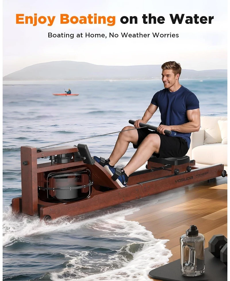 Fed Fitness Pro Wood Water Rowing Machine, Upgraded Ergonomic Frame, 400 Lbs Weight Capacity, Foldable, Large Leak-Proof Tank, Bluetooth App