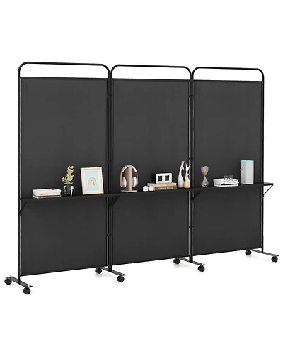 sumyeg 3-Panel Folding Room Divider with Metal Shelves and Lockable Wheels
