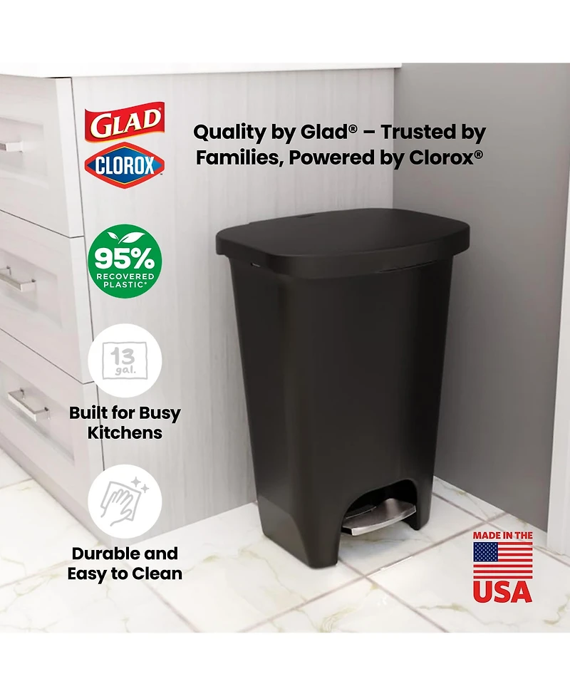 Glad Trash Can with Lid, Stainless Foot Pedal and Garbage Bag Rings, 13 Gal