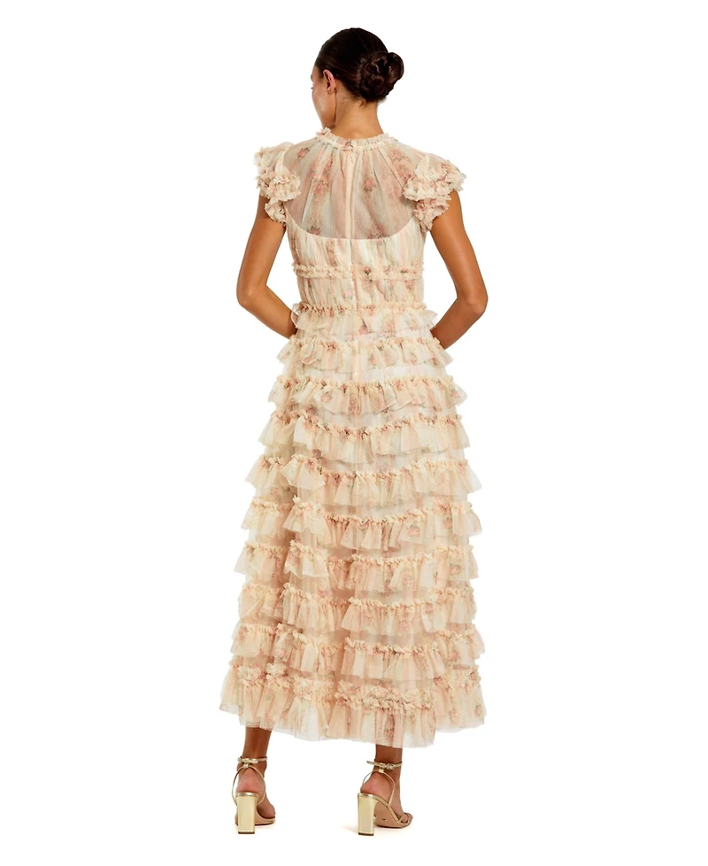 Mac Duggal Women's Printed Mesh Short Sleeve Micro Ruffle Midi Dress