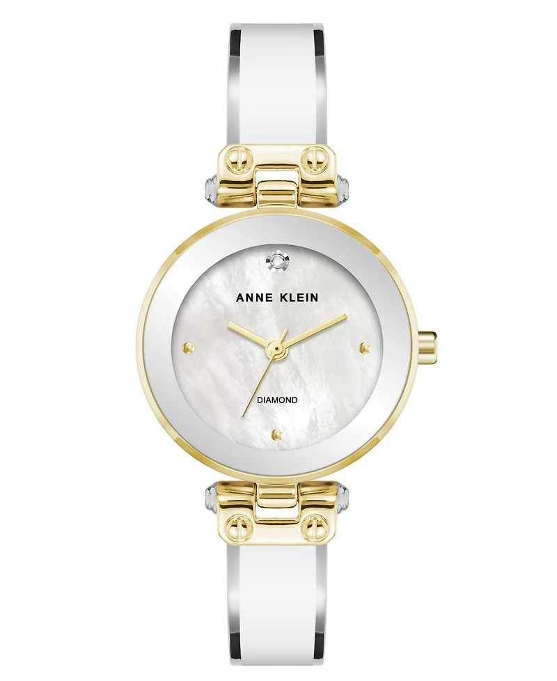Anne Klein Women's Quartz Round Diamond Dial Gold-Tone Alloy Metal and Enamel Bangle Watch 28mm