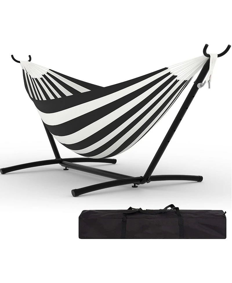 gaomon Double Hammock with Stand, 2 Person Cotton Rope Design, Includes Reversible Quilted Pad and Pillow, Hardwood Spreader Bars for Backyard Patio