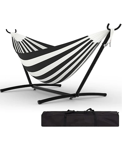 gaomon Double Hammock with Stand, 2 Person Cotton Rope Design, Includes Reversible Quilted Pad and Pillow, Hardwood Spreader Bars for Backyard Patio