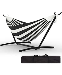 gaomon Double Hammock with Stand, 2 Person Cotton Rope Design, Includes Reversible Quilted Pad and Pillow, Hardwood Spreader Bars for Backyard Patio