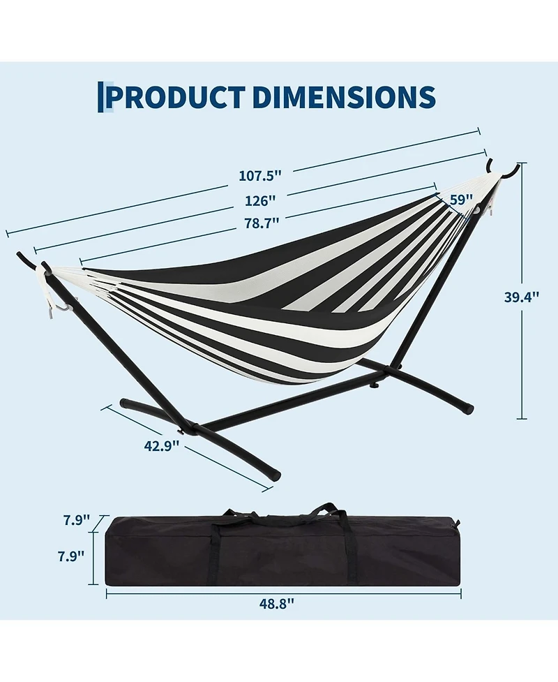 gaomon Double Hammock with Stand, 2 Person Cotton Rope Design, Includes Reversible Quilted Pad and Pillow, Hardwood Spreader Bars for Backyard Patio