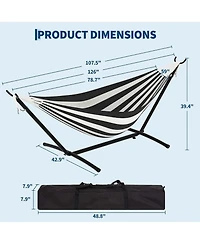 gaomon Double Hammock with Stand, 2 Person Cotton Rope Design, Includes Reversible Quilted Pad and Pillow, Hardwood Spreader Bars for Backyard Patio