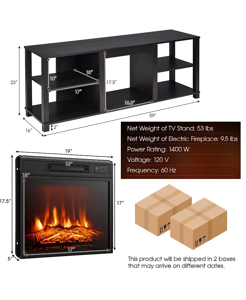 Gymax 2-Tier Tv Stand andElectric Fireplace Heater Storage Cabinet Console For 65" Tv