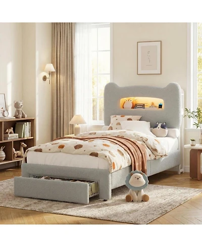 gaomon Bed Frame with Drawer, Upholstered Storage Headboard, Rgb Led Lights And Charging Station, Heavy Duty Wood Slats